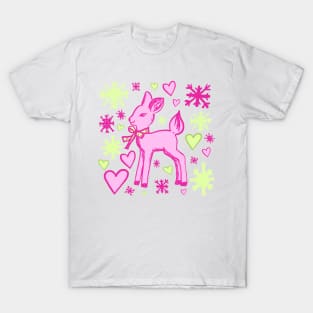 Fawn with Hearts and Snowflakes, Pink and Green T-Shirt